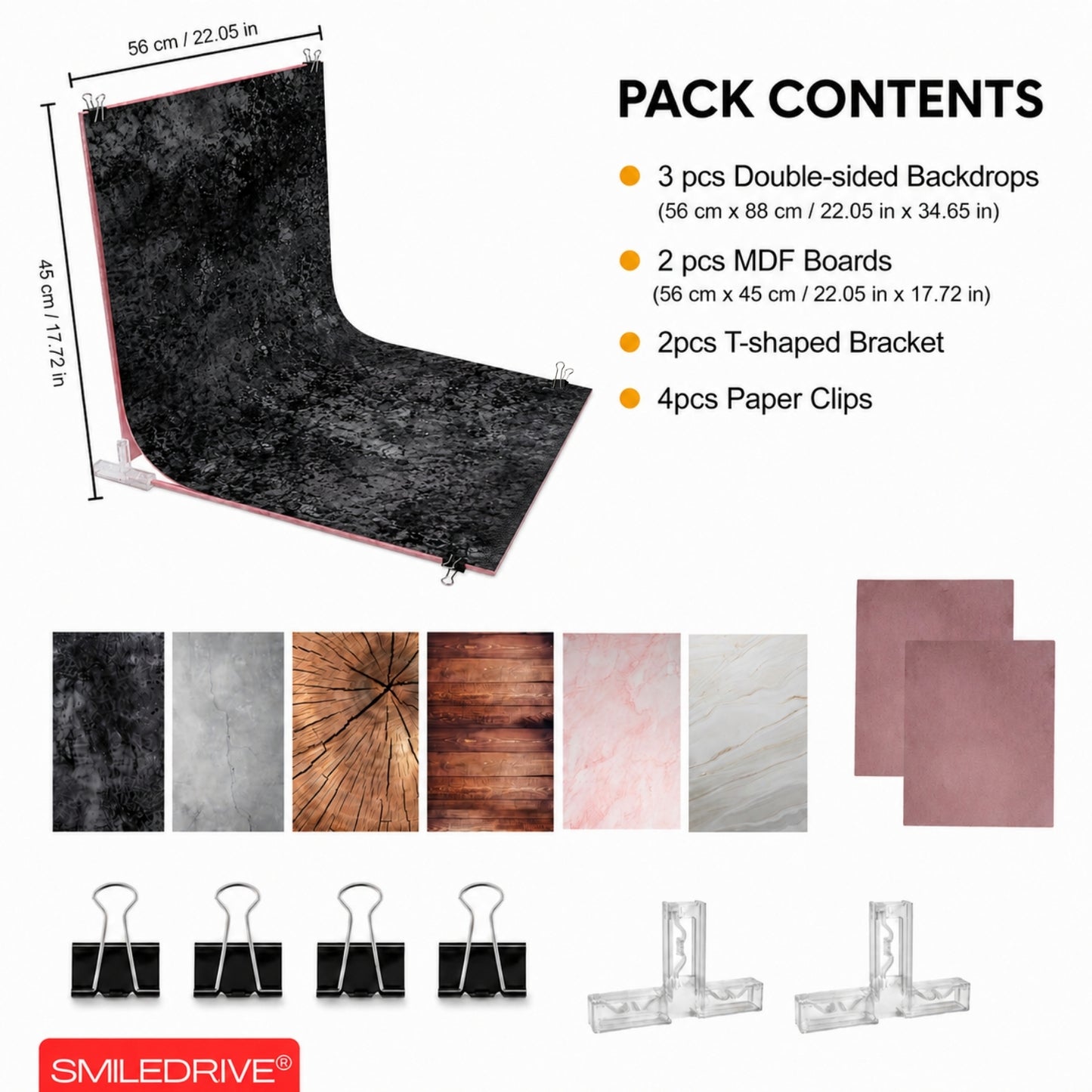 Product Photography Backdrop Kit | 22x34.5 Inch Photography Background Sheets | 3 Front-Back Sheets with 6 Designs | 2 Particle Boards for Quick & Stable Set up