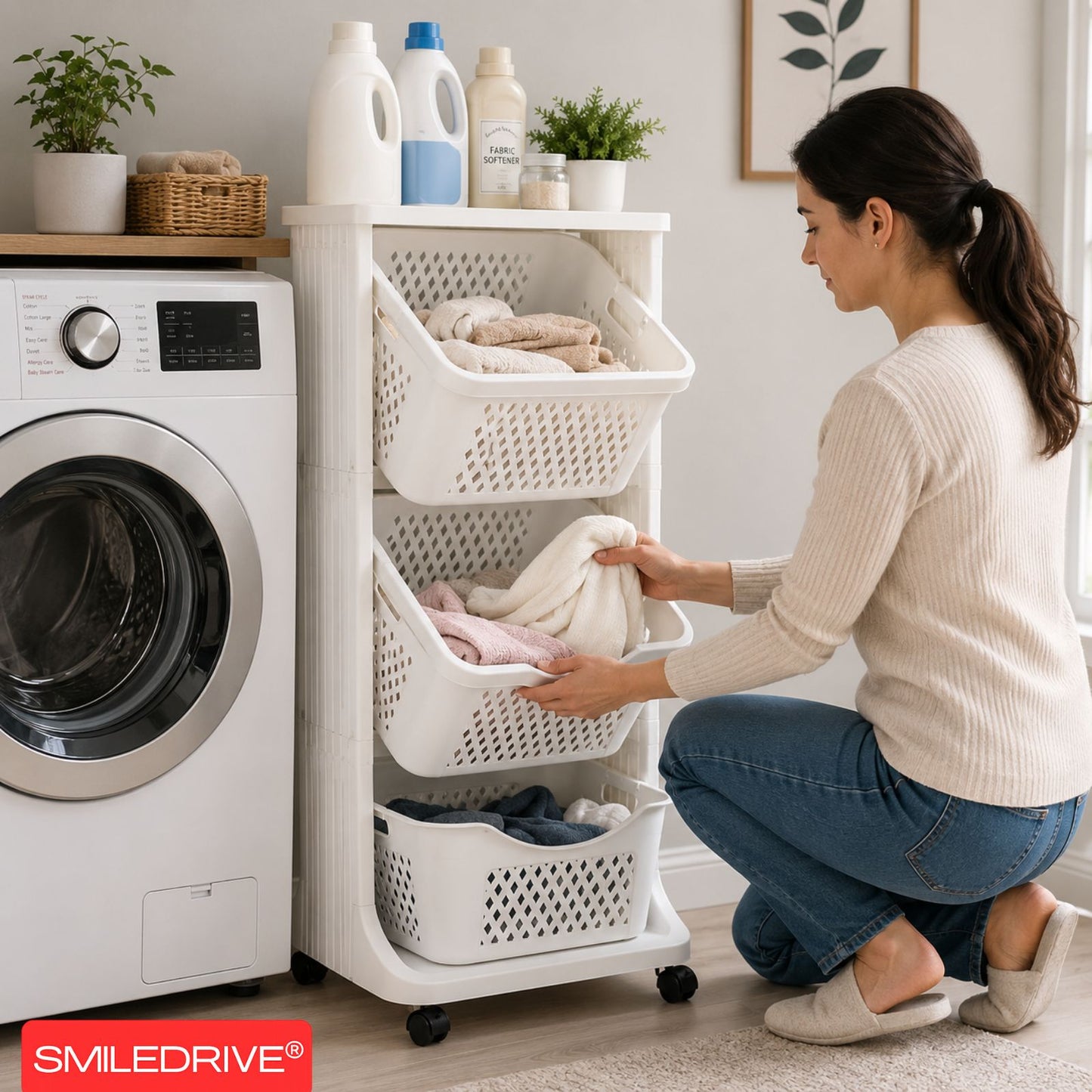 3 Tier Kitchen Rack Laundry Basket with Wheels | Plastic Laundry Organizer | Space Saving Multi Purpose Storage Racks for Kitchen, Laundry Room, Bathroom, Bedroom