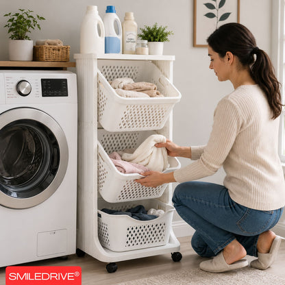 3 Tier Kitchen Rack Laundry Basket with Wheels | Plastic Laundry Organizer | Space Saving Multi Purpose Storage Racks for Kitchen, Laundry Room, Bathroom, Bedroom