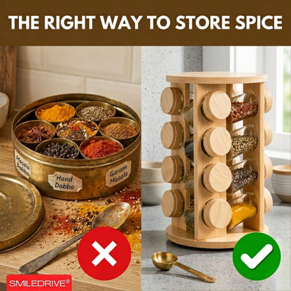 Rotating Spice Rack Wooden Spice Organizer | 5, 12 or 16 Glass Jar with Revolving Stand
