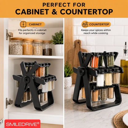 18 Jar Rotating Spice Rack Organizer | 360° Revolving Masala Stand with Glass Spice Jars for Kitchen Counter & Cabinet
