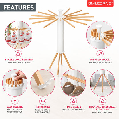 12-Arm Octopus Cloth Drying Stand – Premium Foldable & Rotatable Wooden Laundry Rack | Heavy Duty Tripod Base & Space-Saving Design for Indoor, Balcony & Outdoor Use