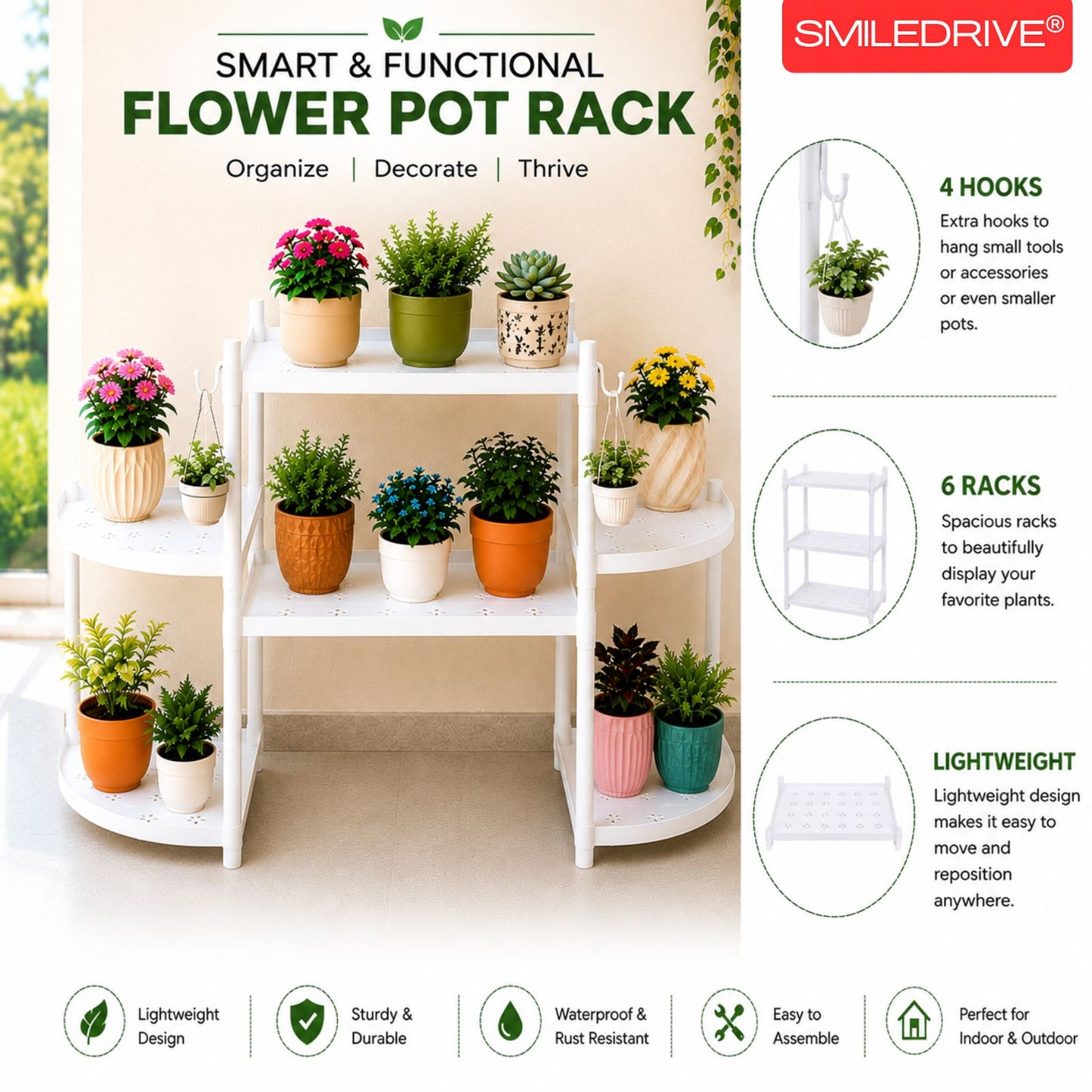 Flower Pot Stand for Indoor Living Room, Balcony & Home | 6 Rack Flower Pot Stand with Hooks | Lightweight Balcony & Home Garden Plant Organizer