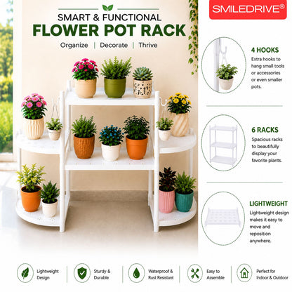 Flower Pot Stand for Indoor Living Room, Balcony & Home | 6 Rack Flower Pot Stand with Hooks | Lightweight Balcony & Home Garden Plant Organizer