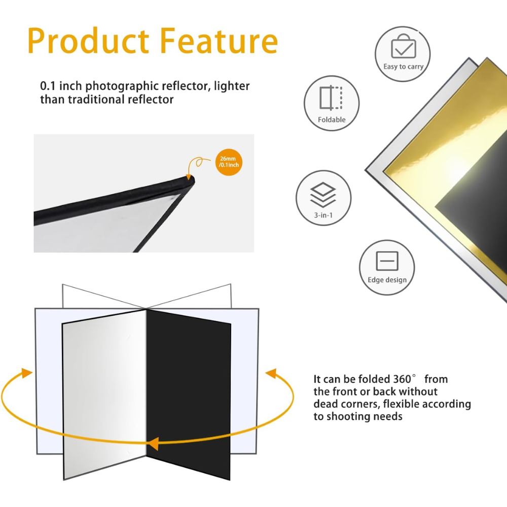 4-in-1 Photography Reflector Board – Foldable Light Diffuser for Product Photography, Camera Reflector Panel for Still Life & Tabletop Shoots – 42 x 30 cm Black, White, Golden & Silver Reflectors.