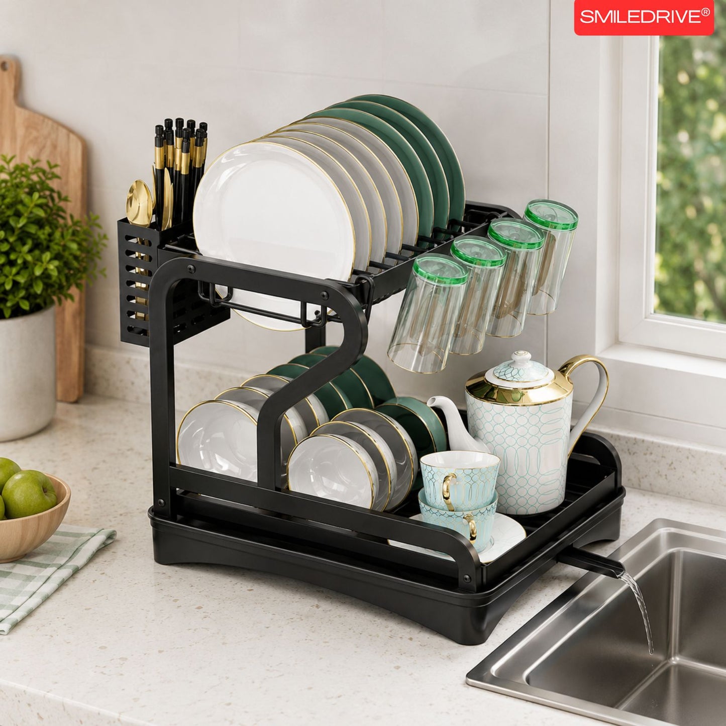 Kitchen Utensil Holder Organizer & Dryer | 2 Tier Dish Drying Rack for Countertop | Anti Rust Dish Drainer Rack with Rotating Drain Swivel Spout