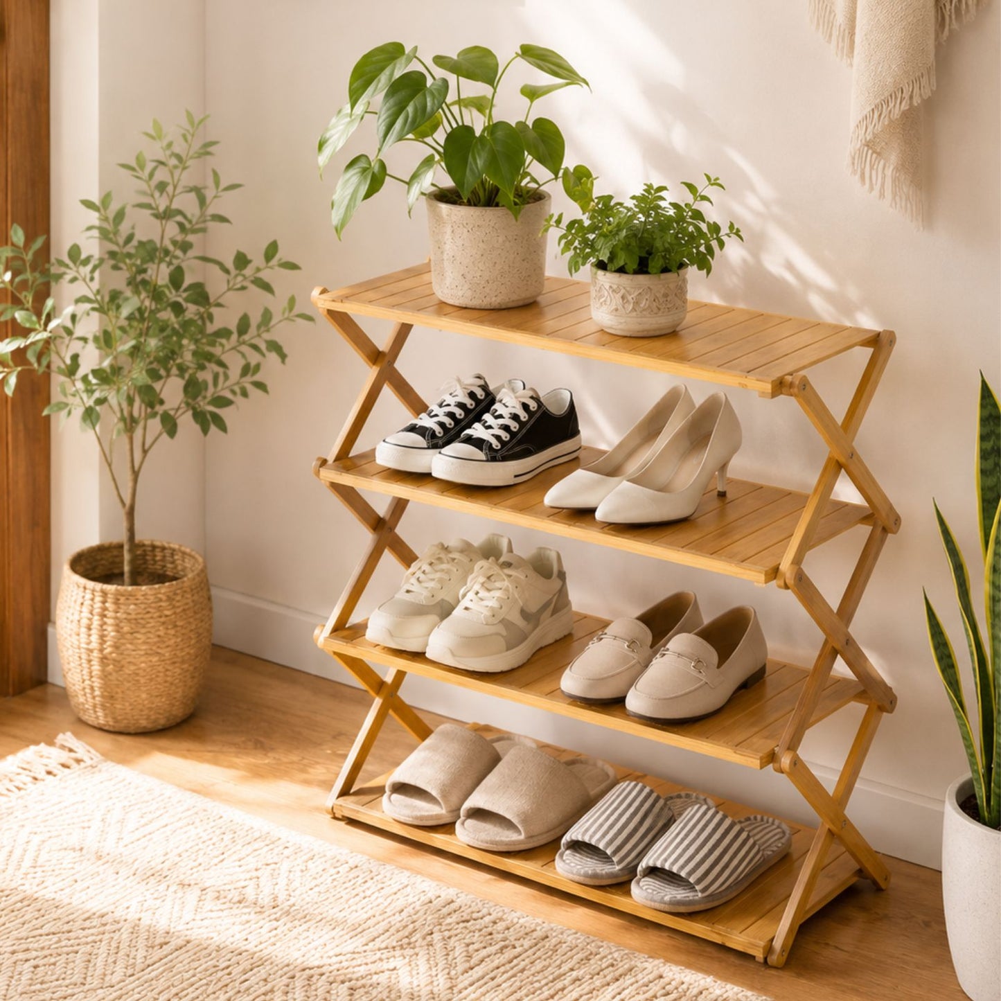 Foldable Bamboo Shoe Rack | 3 & 4-tier Balcony Plant Stand | Space Saving Storage Organizer for Entryway, Bedroom, Bathroom or Balcony