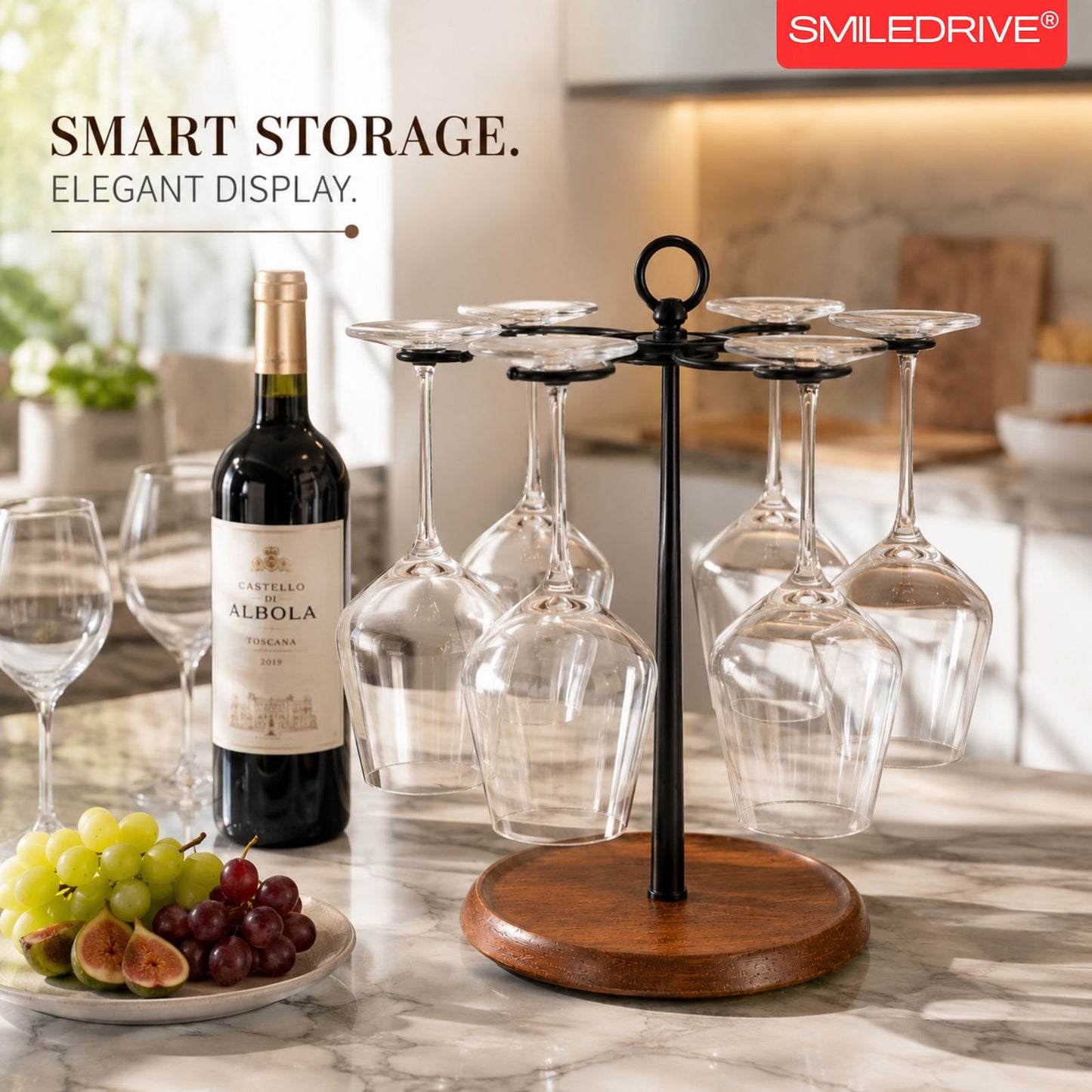Wine Glass Holder Stand for 6 Glasses | 360° Rotating Wooden Base Stemware Organizer for Home Bar, Kitchen & Dining Table