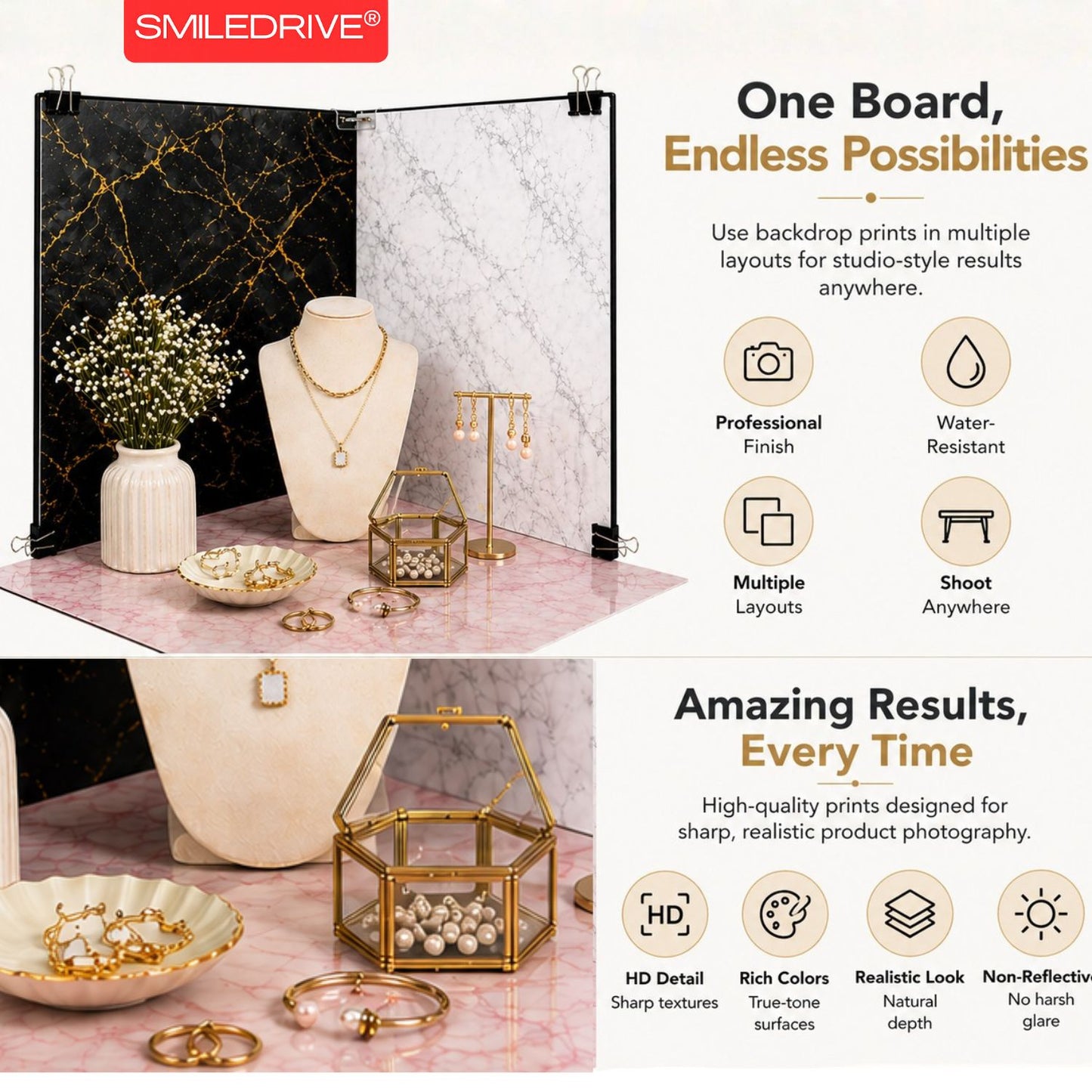 Professional Product Photography Background Kit | Photoshoot Backdrop Kit with 8 styles (4 two-sided sheet) | Silver Reflector & Black Diffuser Included