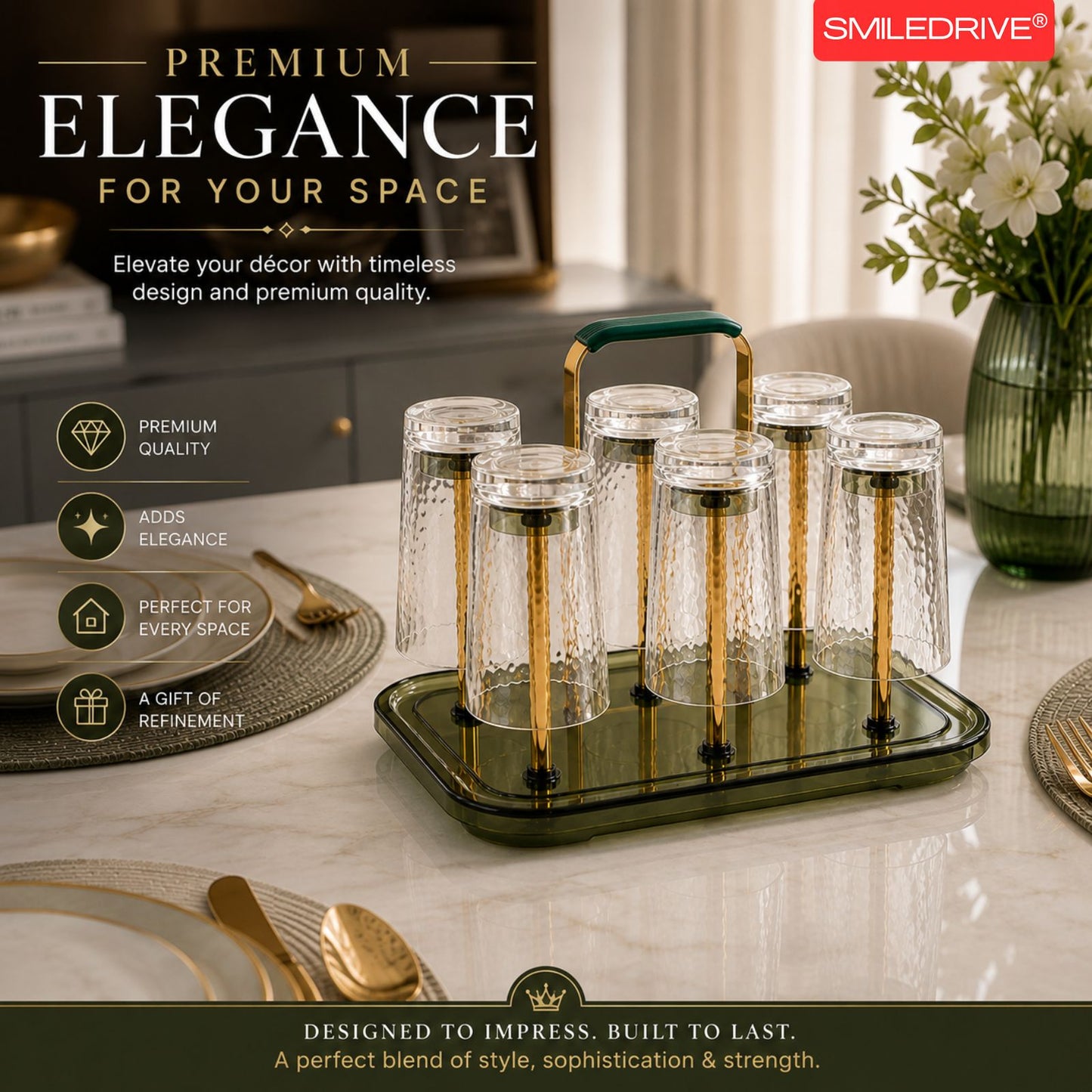 Premium Glass Cup Holder for Kitchen Counter - Modern 6-Hook Mug Tree & Tea Cup Drying Rack - Elegant Gold Metal & Acrylic Coffee Station Organizer for Home, Cafe & Dining Table