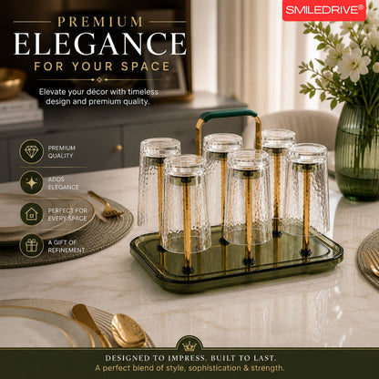 Premium Glass Cup Holder for Kitchen Counter - Modern 6-Hook Mug Tree & Tea Cup Drying Rack - Elegant Gold Metal & Acrylic Coffee Station Organizer for Home, Cafe & Dining Table