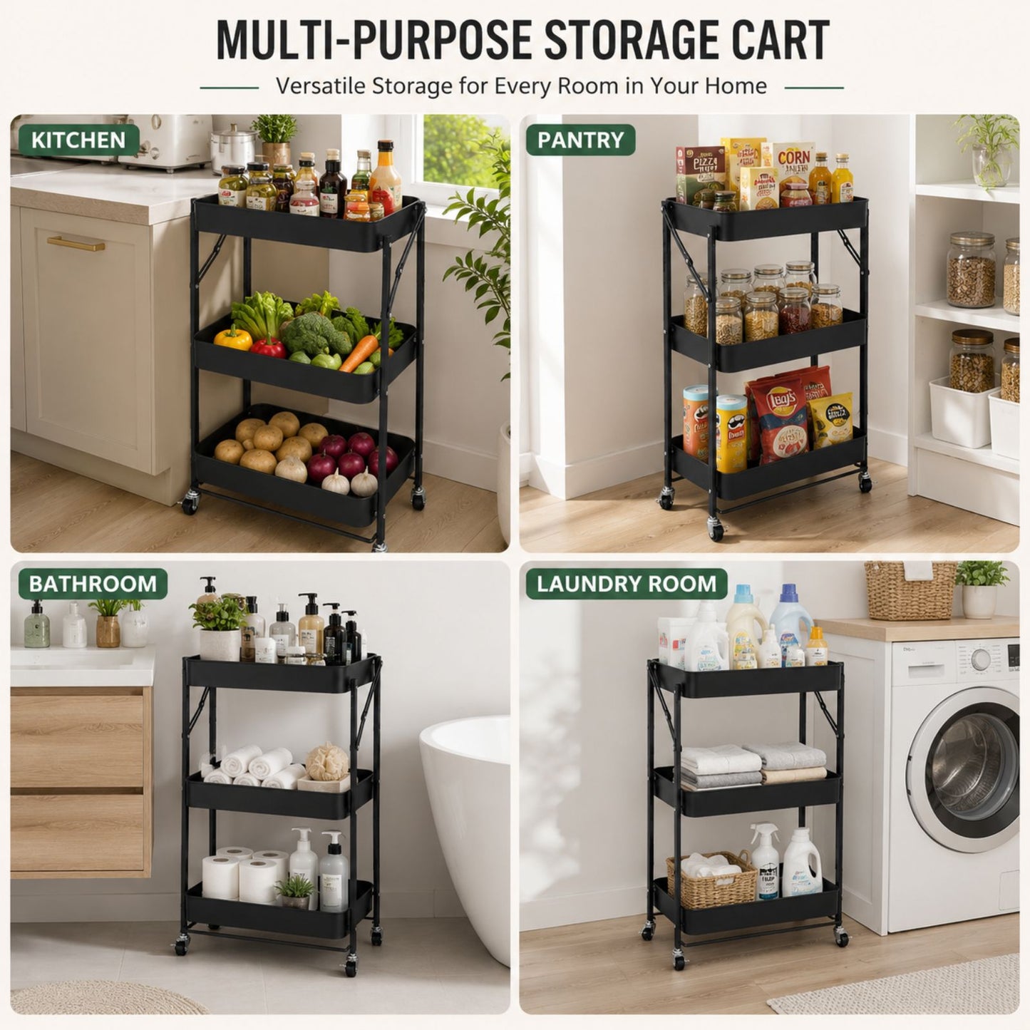 Kitchen Storage Trolley | 3 Tier Fruit and  Vegetable Basket with Wheels | Rolling Cart Trolley for Kitchen, Pantry, Bathroom & Laundry Room | Black