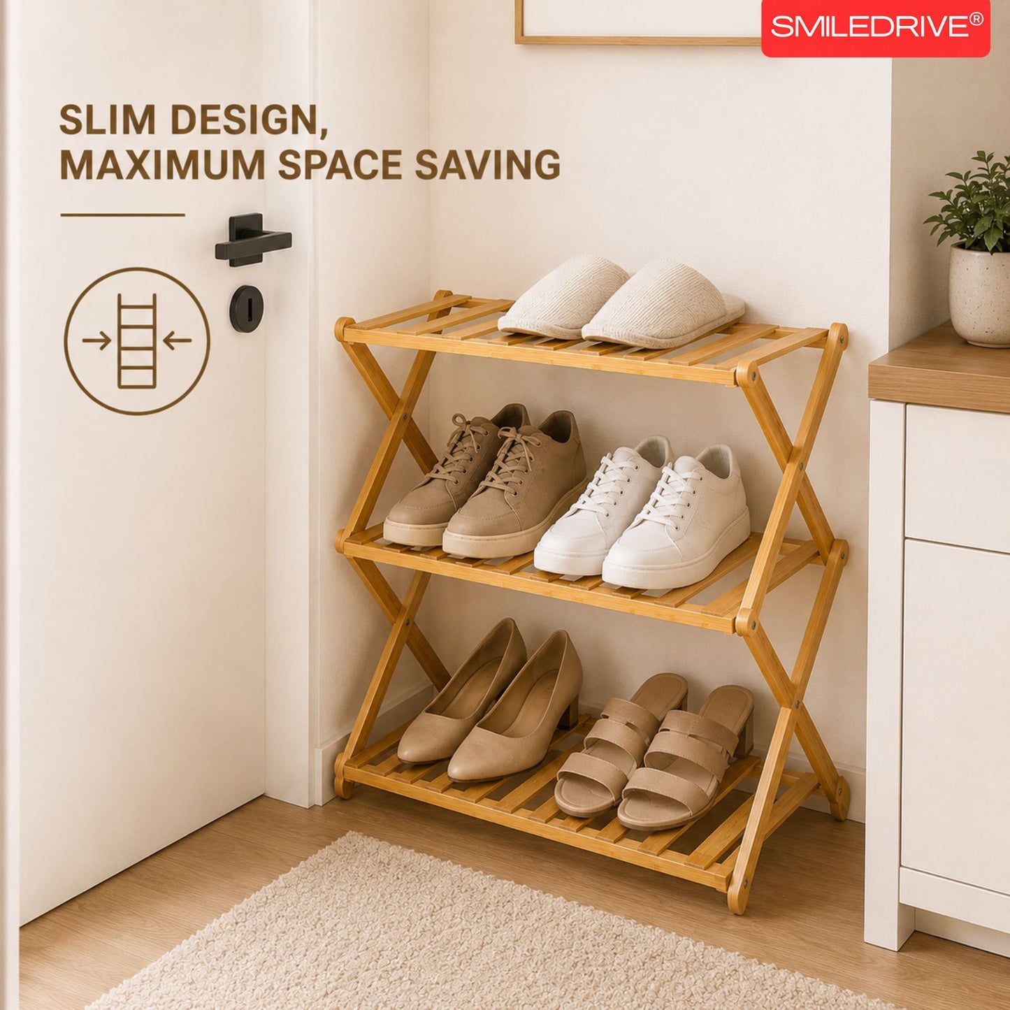 Foldable Bamboo Shoe Rack | 3 & 4-tier Balcony Plant Stand | Space Saving Storage Organizer for Entryway, Bedroom, Bathroom or Balcony