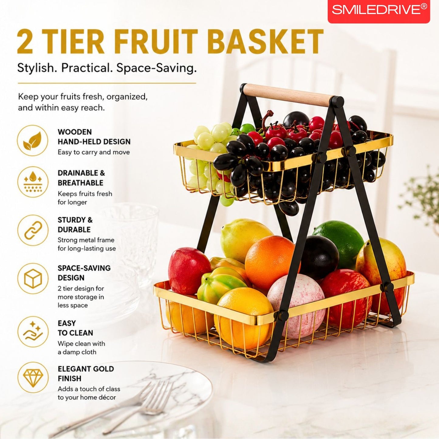 Golden Tiered Fruit Basket | 2 & 3 Tier Metal Mesh Countertop Organizer & Storage Stand