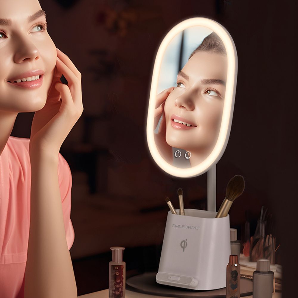 Smiledrive LED Smart Mirror Illuminated Makeup Mirror for desk with built-in Mobile holder cum Wireless Charger