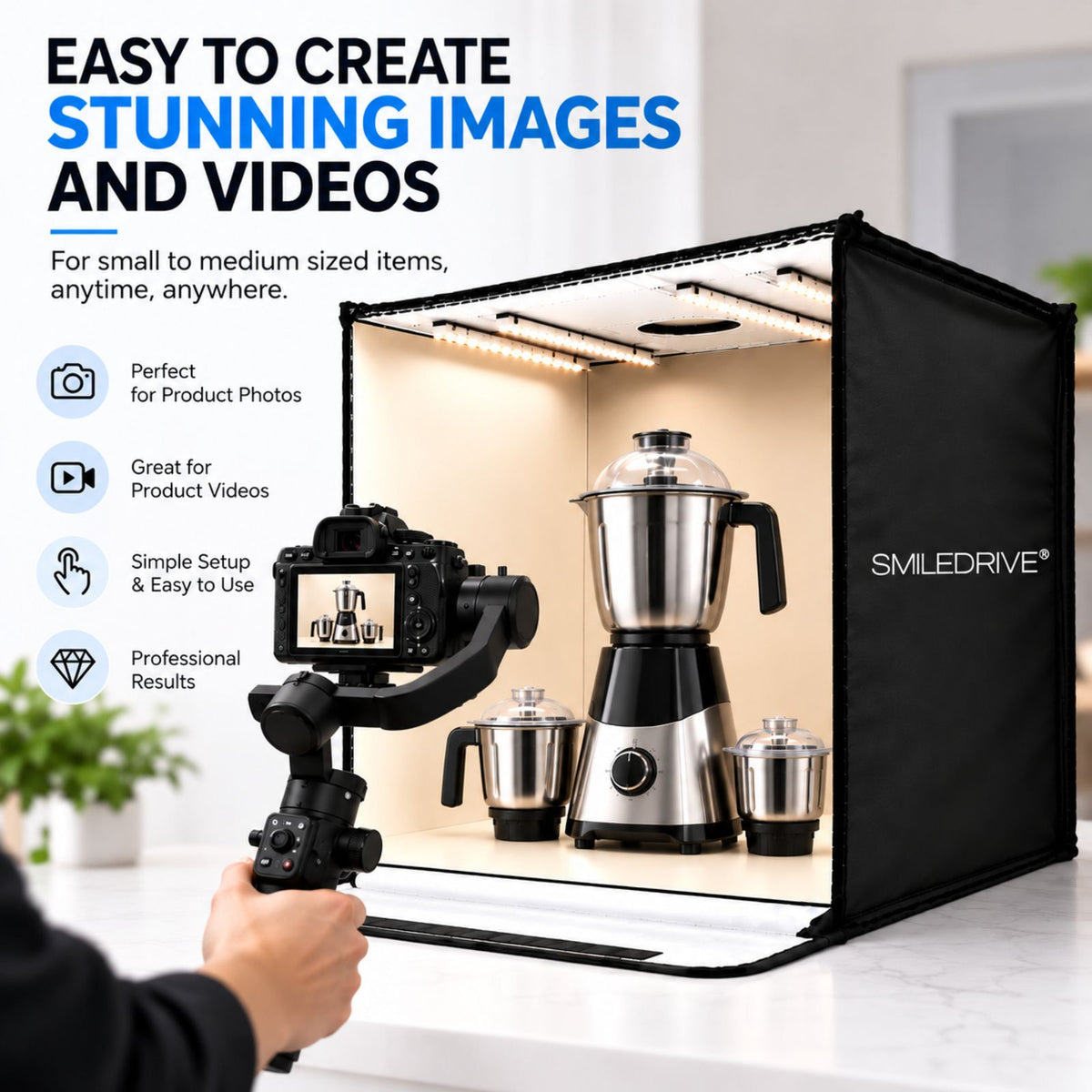 60 cm Product Photography Light Box | Portable Product Photography Box with Reflective Interior | 3 modes 4 LED lights with 2 dimmers  | 5 Backdrops Included | Perfect Photo Booth for Appliances, Electronics, Gadgets, Big toys, small & medium sized items