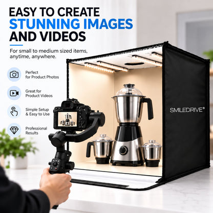 60 cm Product Photography Light Box | Portable Product Photography Box with Reflective Interior | 3 modes 4 LED lights with 2 dimmers  | 5 Backdrops Included | Perfect Photo Booth for Appliances, Electronics, Gadgets, Big toys, small & medium sized items