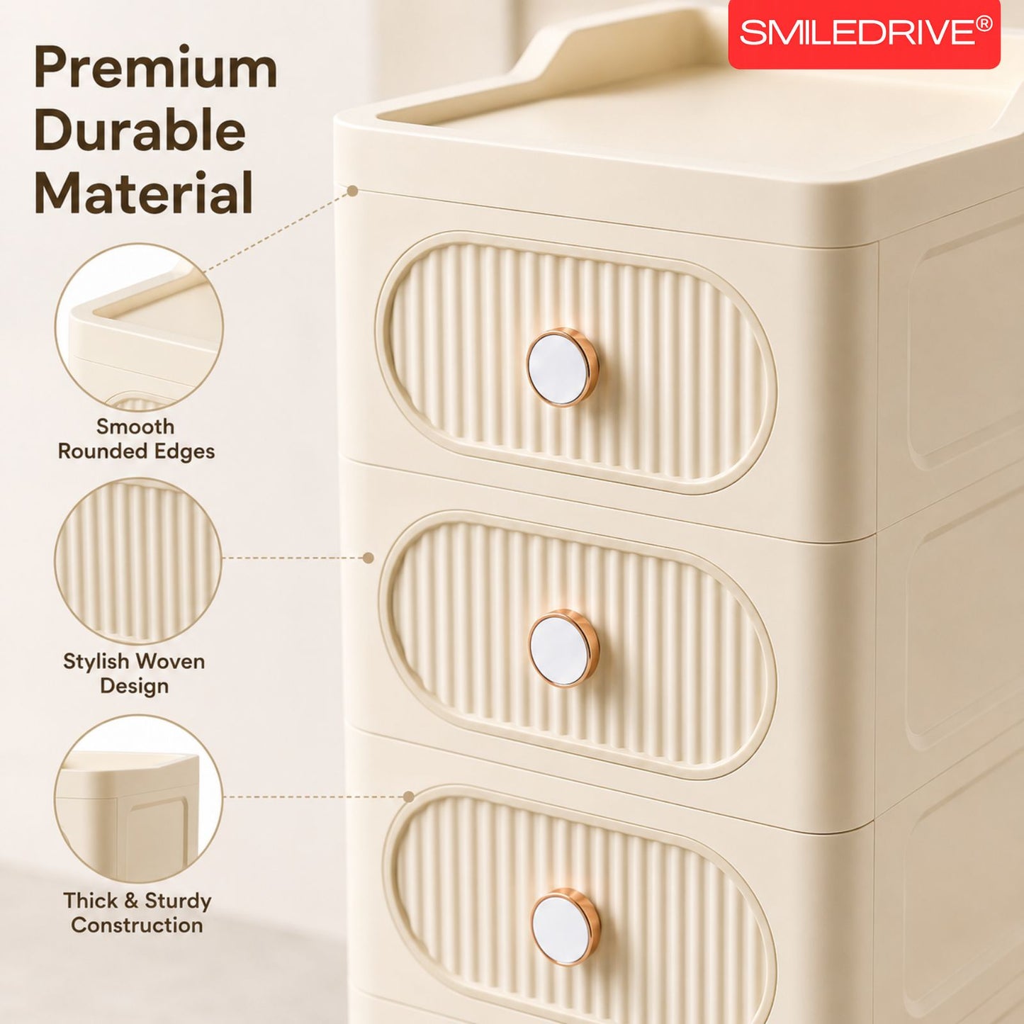 Plastic Storage Drawers | 4 Drawer Organzier Storage Cabinet with Wheels for Bedroom Bathroom Office | Available in White & Cream