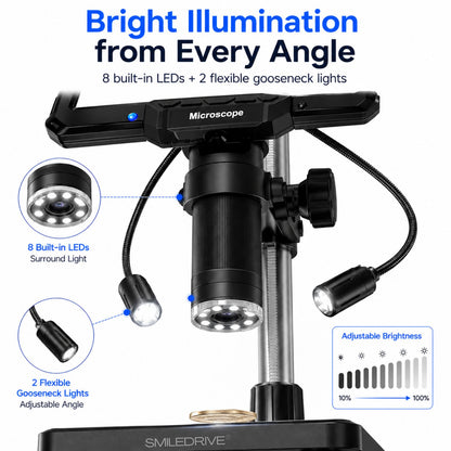 Digital Microscope with 7 inch Screen | 16MP Camera | 50X–1200X Magnification | 1080P Recording | 8+2 LED Lights | Coin, PCB & Jewellery Inspection Microscope