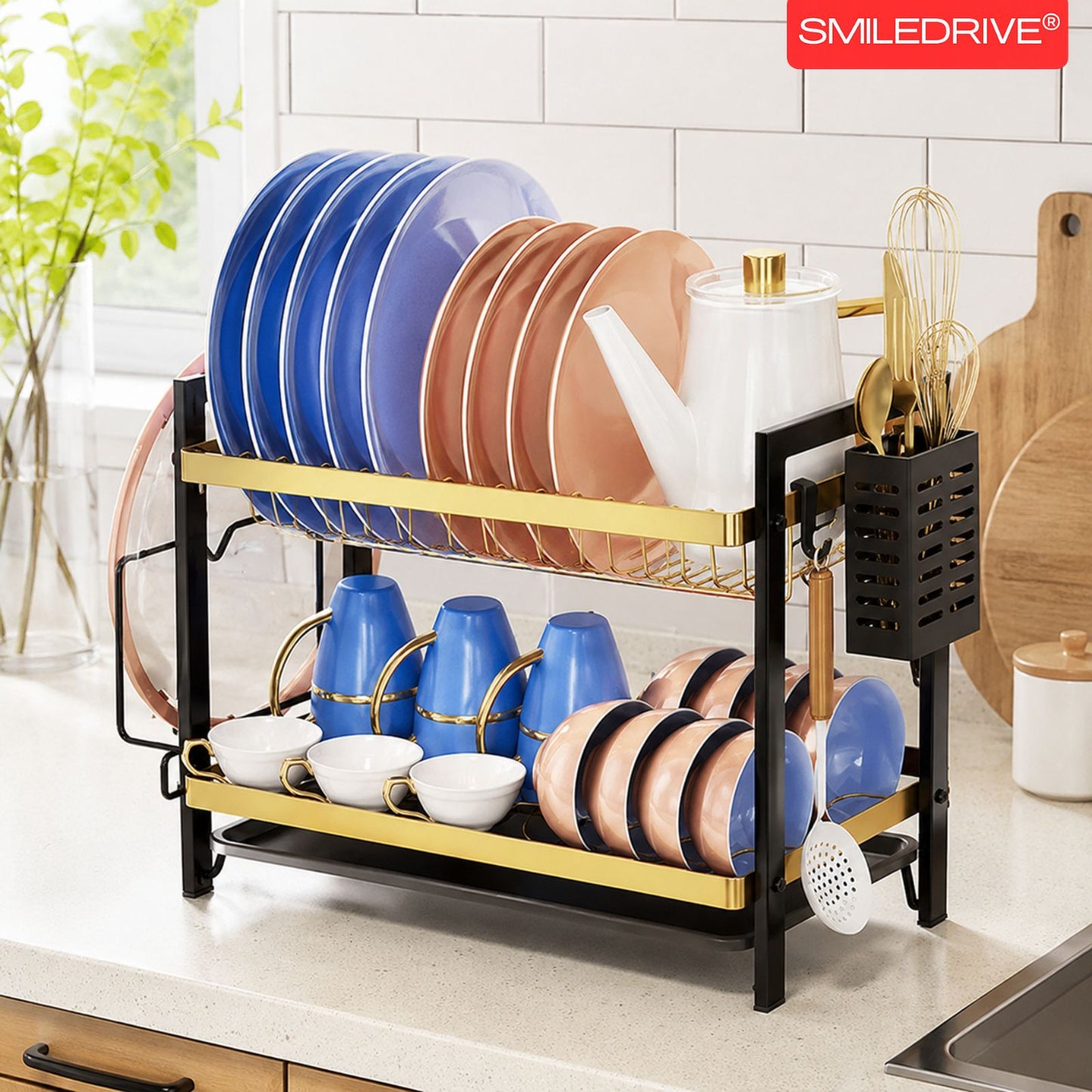 Utensil Drying Rack | Kitchen Dish Organizer Tray with Cutlery Holder & Built-in Drainer