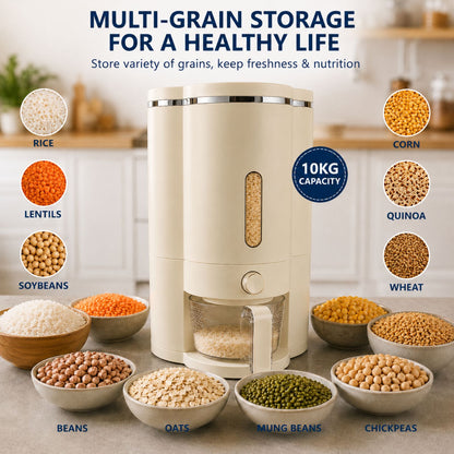 Rice Dispenser Grain Storage and Dispensing Unit with Measuring Cup | 10KG Airtight Grain Storage Organizer for Kitchen