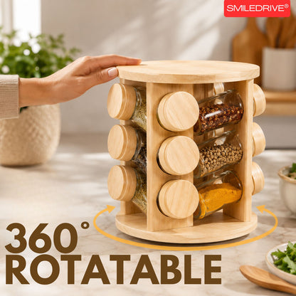 Rotating Spice Rack Wooden Spice Organizer | 5, 12 or 16 Glass Jar with Revolving Stand