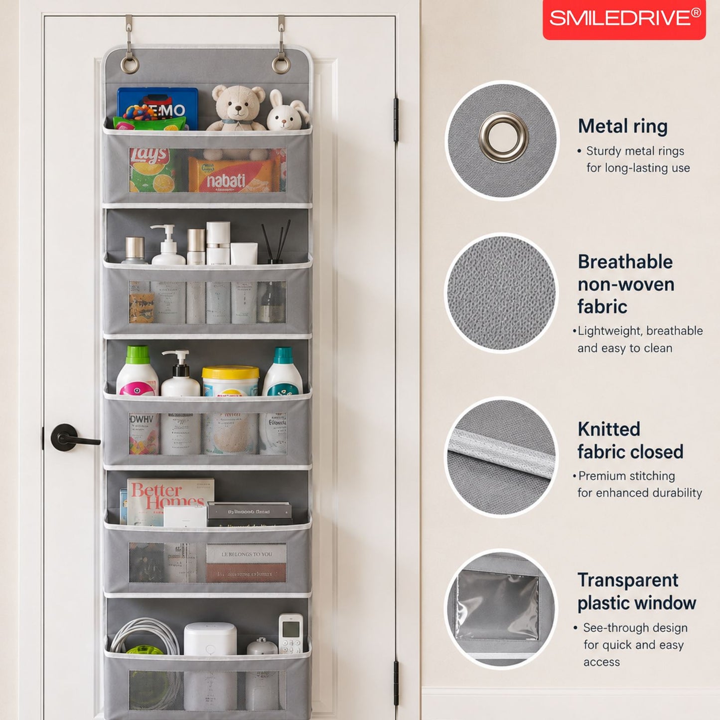 Over the Door Organizer – Hanging Storage Organizer with Clear Window Pockets for Closet, Bedroom, Bathroom | Available in 4/5 Pockets