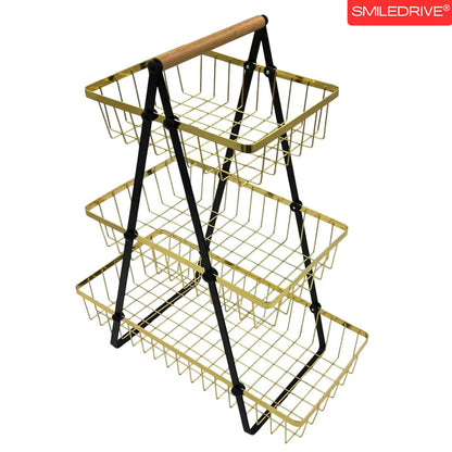 Golden Tiered Fruit Basket | 2 & 3 Tier Metal Mesh Countertop Organizer & Storage Stand
