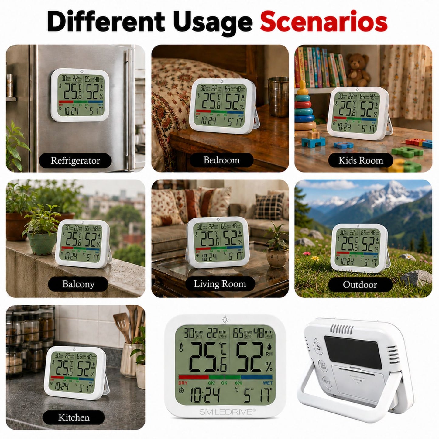 Digital Hygrometer Sensor with Thermometer for Home, Indoor, Outdoor | Temperature & Humidity Meter,Clock & Calendar, 24H Max/Min Records | Backlight Display, Magnetic Mount & Table Stand