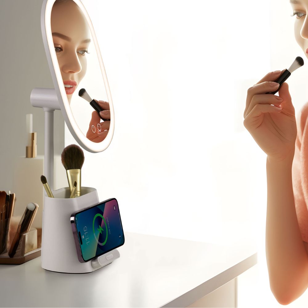 Smiledrive LED Smart Mirror Illuminated Makeup Mirror for desk with built-in Mobile holder cum Wireless Charger