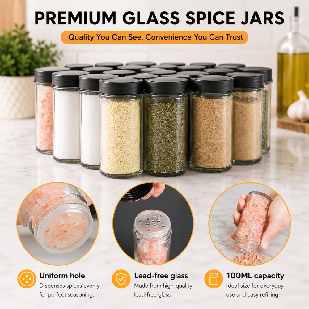18 Jar Rotating Spice Rack Organizer | 360° Revolving Masala Stand with Glass Spice Jars for Kitchen Counter & Cabinet