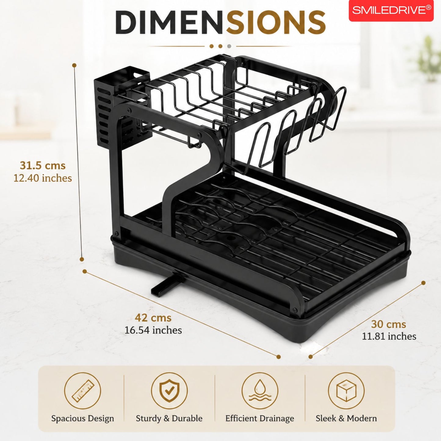 Kitchen Utensil Holder Organizer & Dryer | 2 Tier Dish Drying Rack for Countertop | Anti Rust Dish Drainer Rack with Rotating Drain Swivel Spout