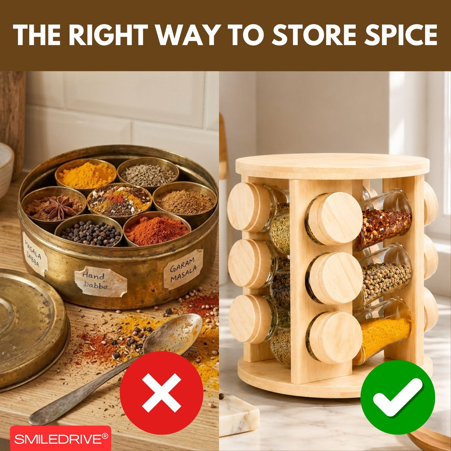 Rotating Spice Rack Wooden Spice Organizer | 5, 12 or 16 Glass Jar with Revolving Stand