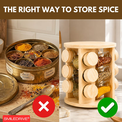 Rotating Spice Rack Wooden Spice Organizer | 5, 12 or 16 Glass Jar with Revolving Stand
