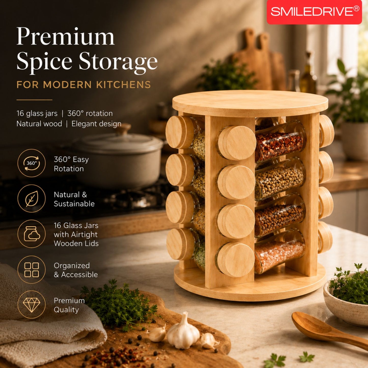Rotating Spice Rack Wooden Spice Organizer | 5, 12 or 16 Glass Jar with Revolving Stand