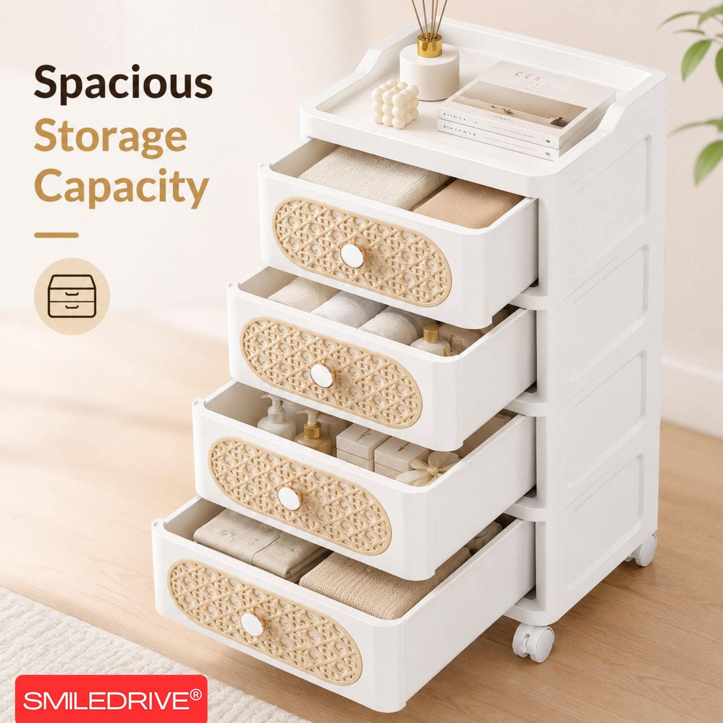 Plastic Storage Drawers | 4 Drawer Organzier Storage Cabinet with Wheels for Bedroom Bathroom Office | Available in White & Cream