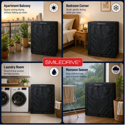 SMILEDRIVE® Portable Electric Clothes Dryer Machine | Foldable Enclosed Drying Rack with 4 Adjustable Arms | 8-Garment Hanging Rod | 76 × 76 × 99 cms | Made in India