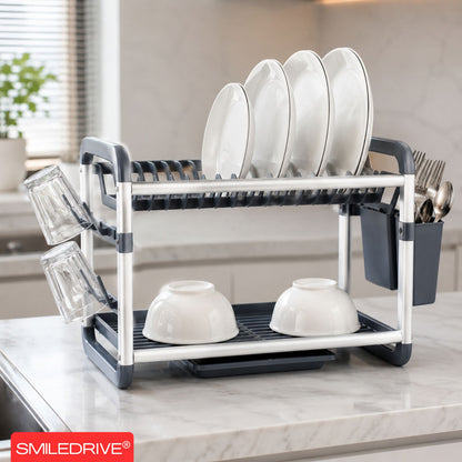 Dish Drying Rack with Drain Tray | 2-Tier Utensil Organizer with Cup and Cutlery Holder | Rust-Resistant Aluminium Kitchen Dish Rack | Available in Gold & Silver