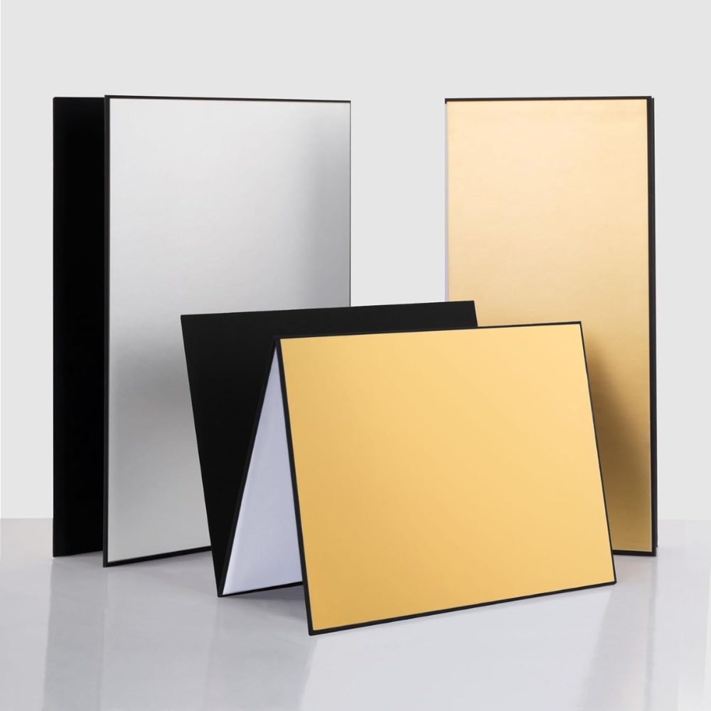 4-in-1 Photography Reflector Board – Foldable Light Diffuser for Product Photography, Camera Reflector Panel for Still Life & Tabletop Shoots – 42 x 30 cm Black, White, Golden & Silver Reflectors.