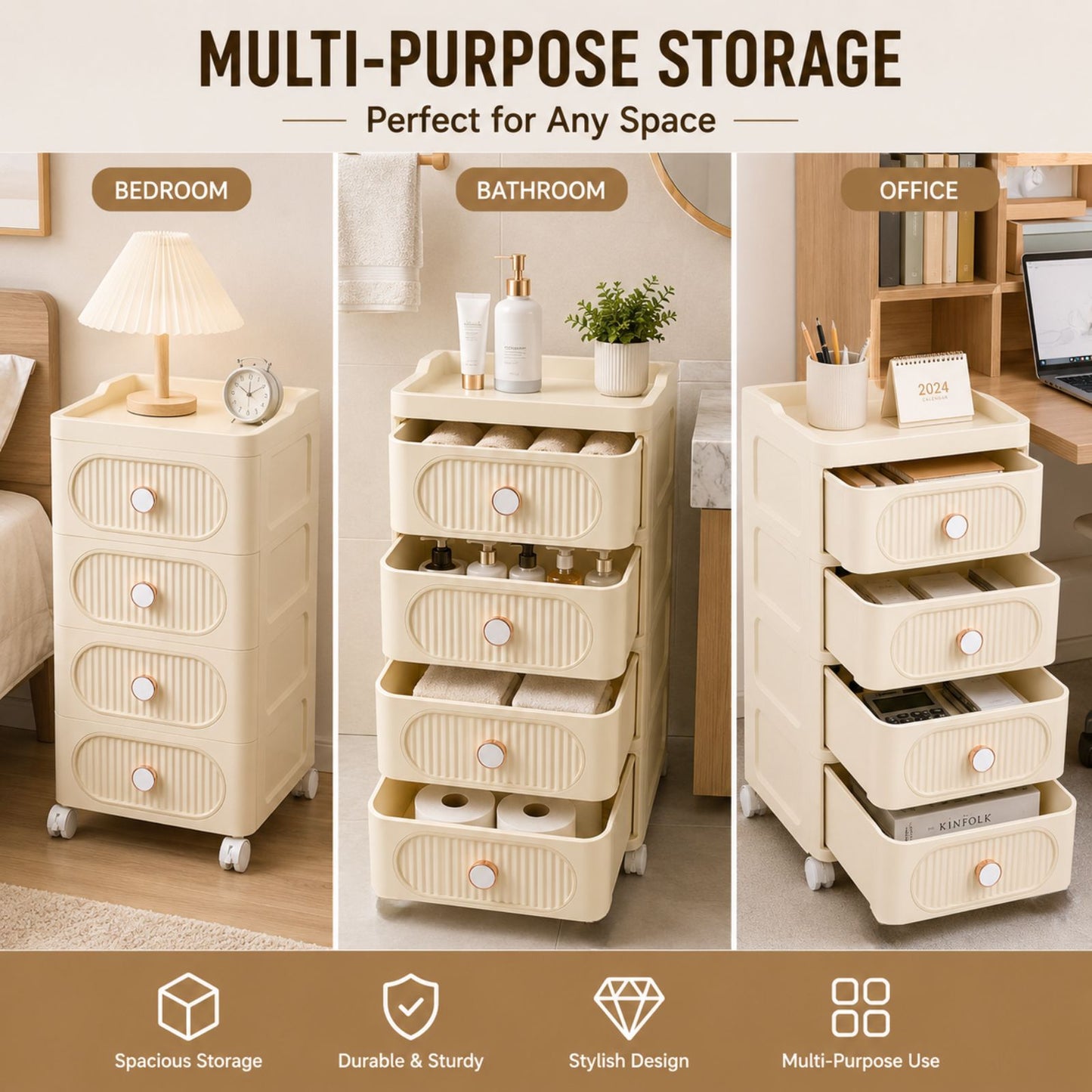 Plastic Storage Drawers | 4 Drawer Organzier Storage Cabinet with Wheels for Bedroom Bathroom Office | Available in White & Cream