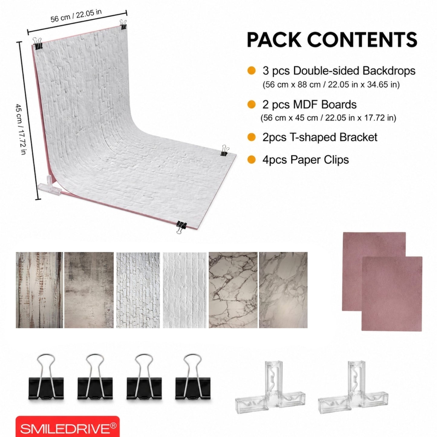 Product Photography Backdrop Kit | 22x34.5 Inch Photography Background Sheets | 3 Front-Back Sheets with 6 Designs | 2 Particle Boards for Quick & Stable Set up