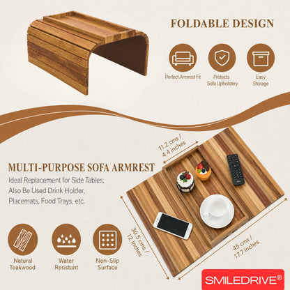 Teakwood Sofa Armrest Tray with Snack Holder Section – Foldable Couch Arm Table with Premium Faux Leather Base (Made in India)