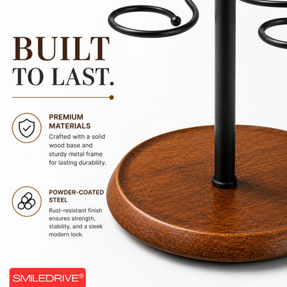 Wine Glass Holder Stand for 6 Glasses | 360° Rotating Wooden Base Stemware Organizer for Home Bar, Kitchen & Dining Table