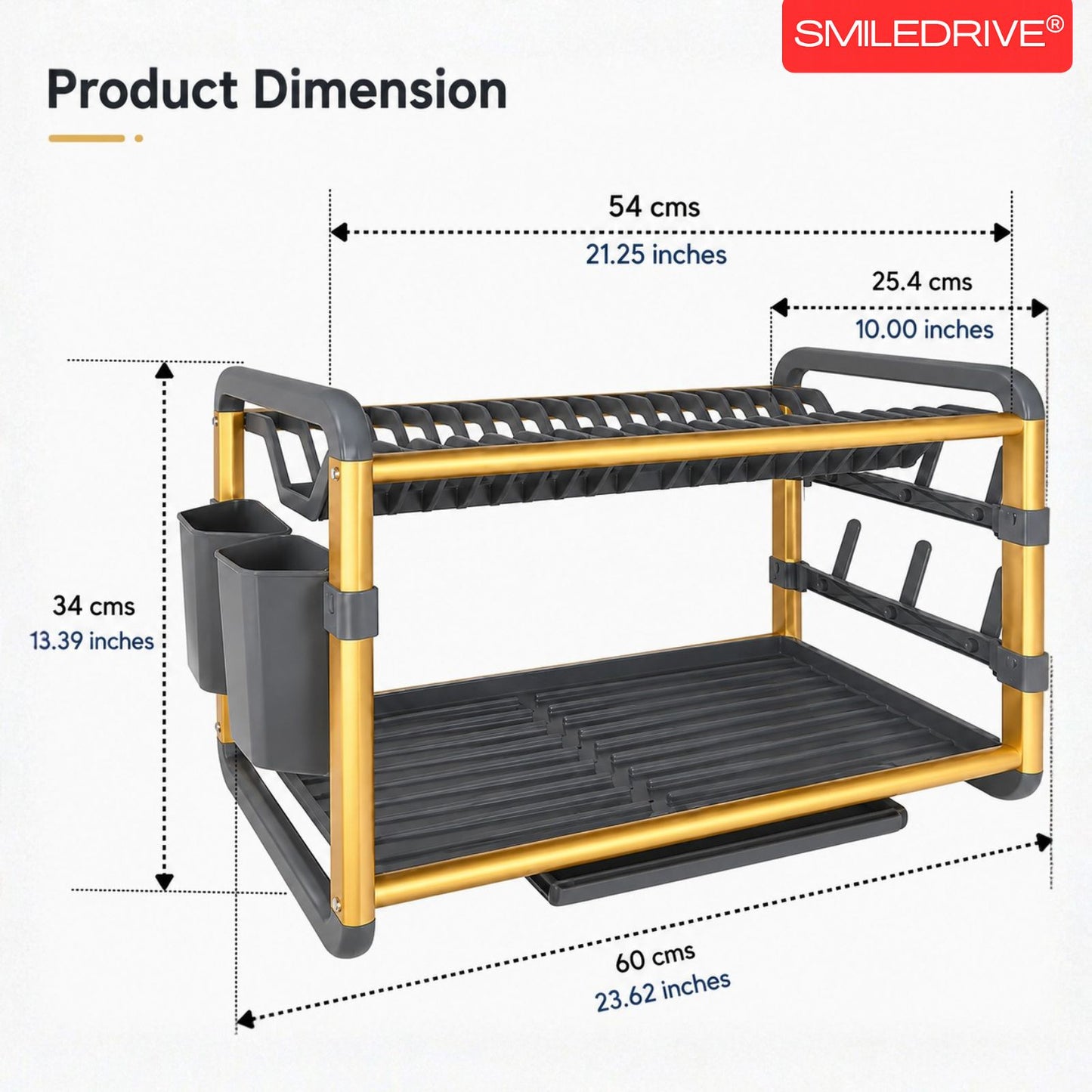 Dish Drying Rack with Drain Tray | 2-Tier Utensil Organizer with Cup and Cutlery Holder | Rust-Resistant Aluminium Kitchen Dish Rack | Available in Gold & Silver