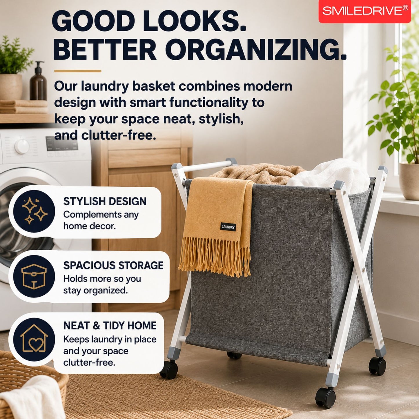 Foldable Laundry Basket with Wheels | Large Capacity (100L) Rolling Clothes Bin with Sturdy Metal Frame | Lightweight & Portable Clothes Storage for Laundry Room & Bedroom - Grey