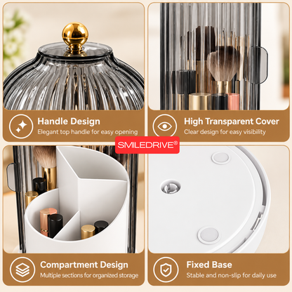 Makeup Organizer with Transparent Dust-Proof Cover | 360° Rotatable Base & 180° Rotatable Shell | 3 Compartment Cosmetic Organizer for Makeup Brushes, Lipsticks, Skincare & Beauty Essentials