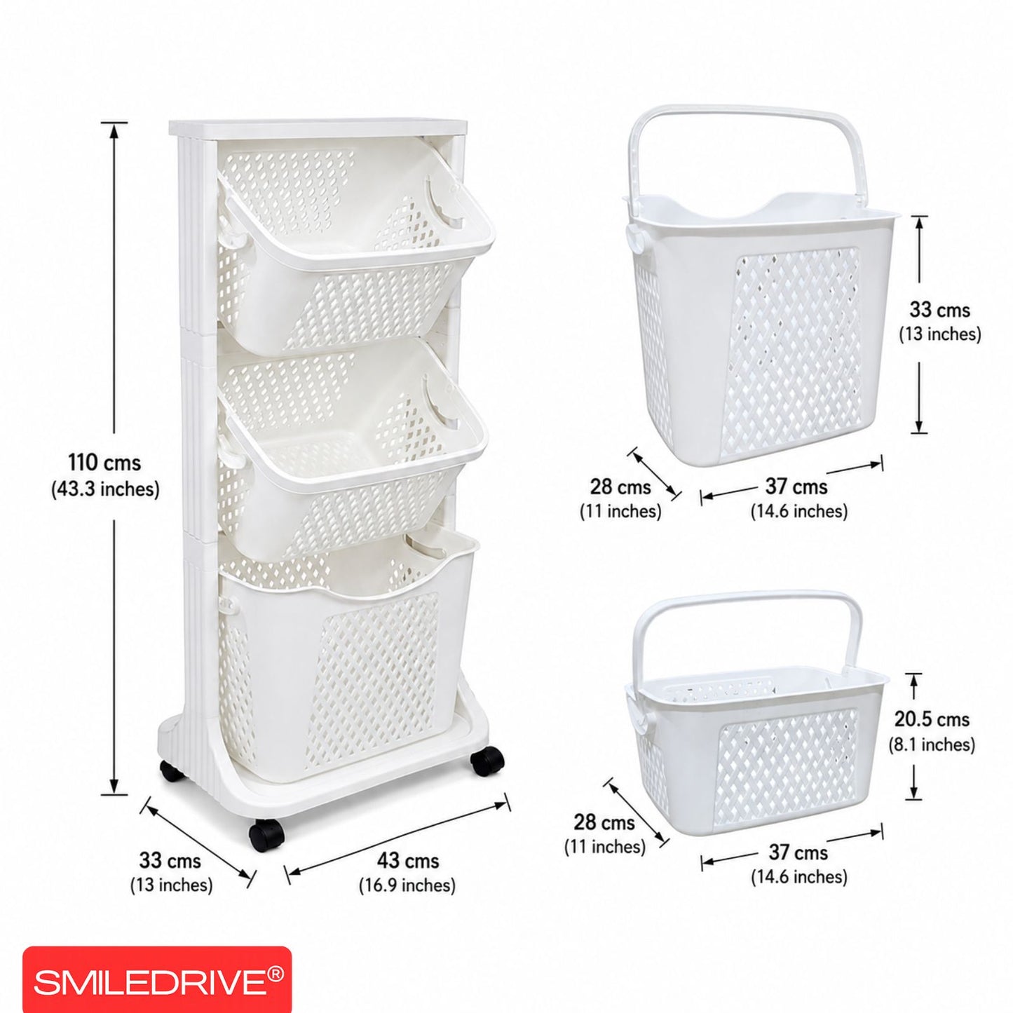3 Tier Kitchen Rack Laundry Basket with Wheels | Plastic Laundry Organizer | Space Saving Multi Purpose Storage Racks for Kitchen, Laundry Room, Bathroom, Bedroom