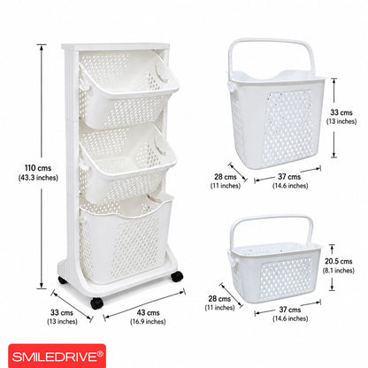 3 Tier Kitchen Rack Laundry Basket with Wheels | Plastic Laundry Organizer | Space Saving Multi Purpose Storage Racks for Kitchen, Laundry Room, Bathroom, Bedroom