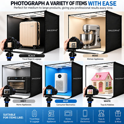 60 cm Product Photography Light Box | Portable Product Photography Box with Reflective Interior | 3 modes 4 LED lights with 2 dimmers  | 5 Backdrops Included | Perfect Photo Booth for Appliances, Electronics, Gadgets, Big toys, small & medium sized items