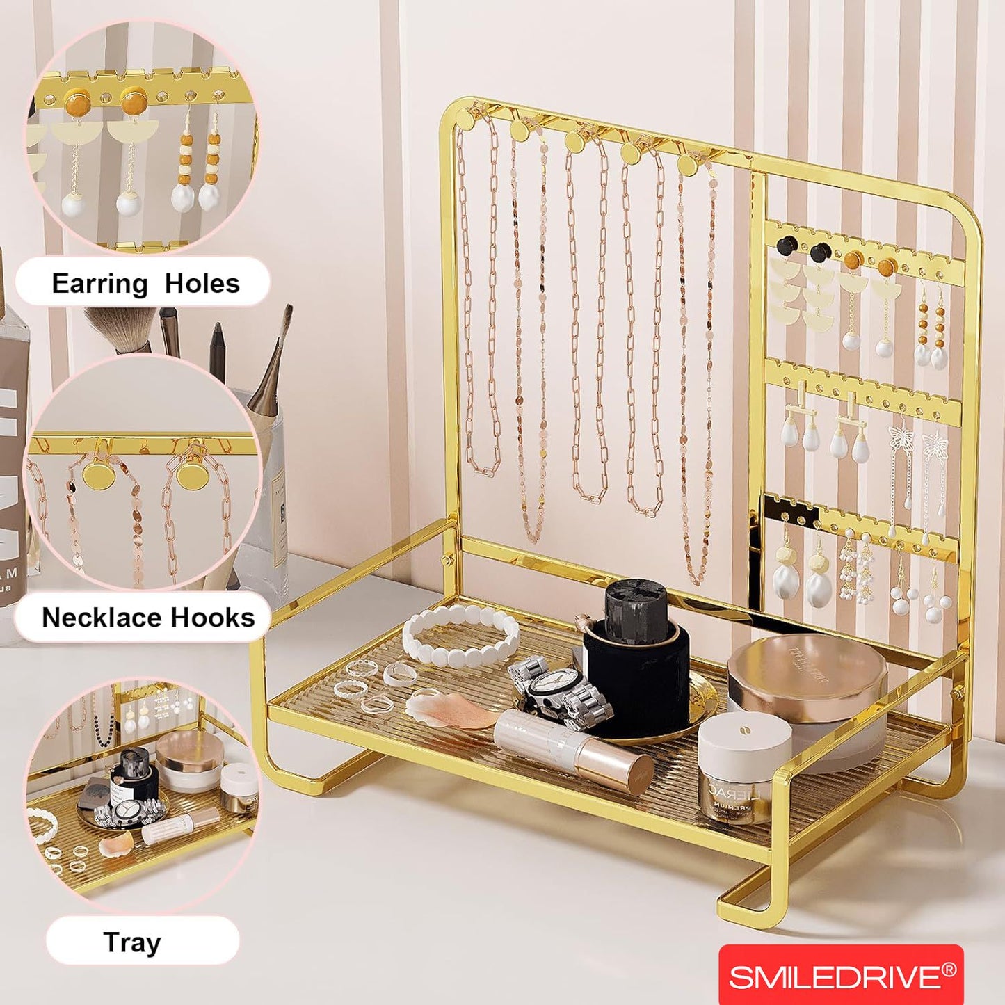 Premium Metal Jewelry Stand Organizer - Sleek Tabletop Holder for Necklaces, Earrings, Rings & Bracelets (Available in Black & Gold)